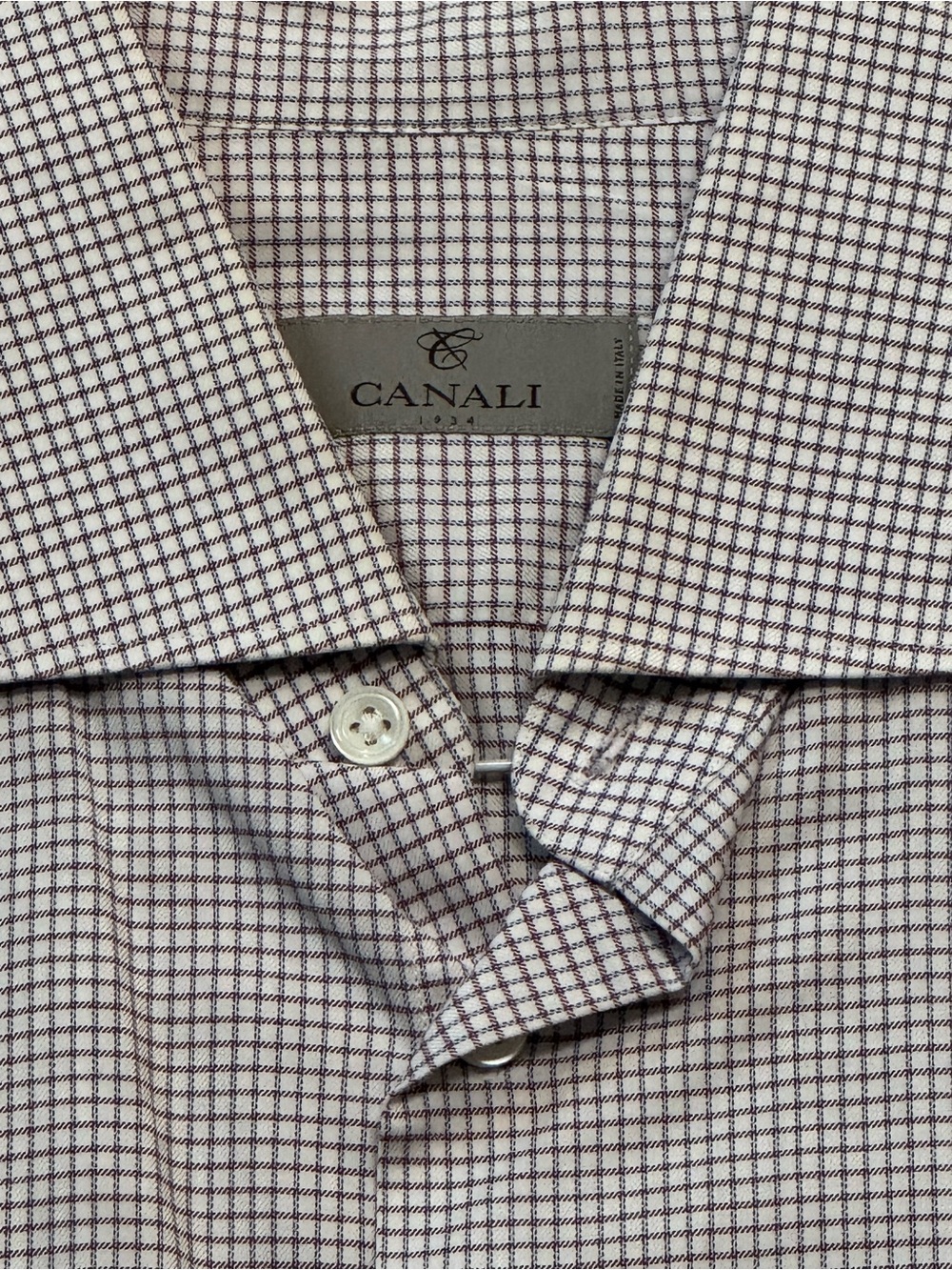 Canali Men's White and Brown Micro-Check Dress Shirt